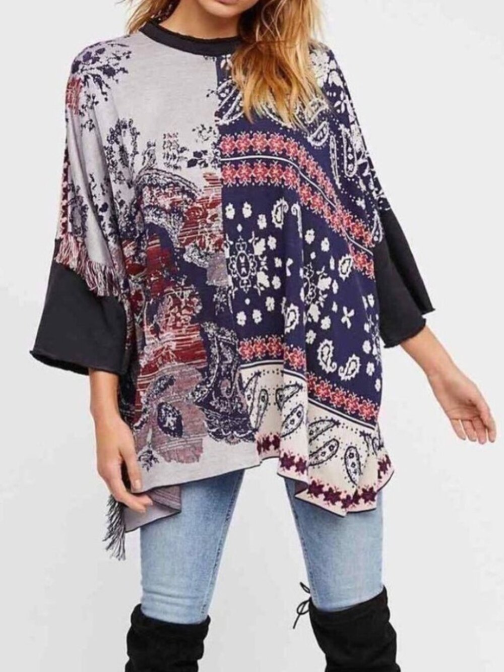 Free People Navy and Burgundy Patterned Paisley Tunic Sweater Top Size XS/S